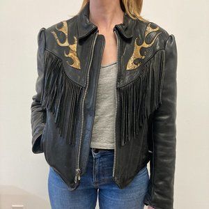 Vintage Black Leather Motorcycle Jacket Fringe Snake Skin Flames Women’s Size 16